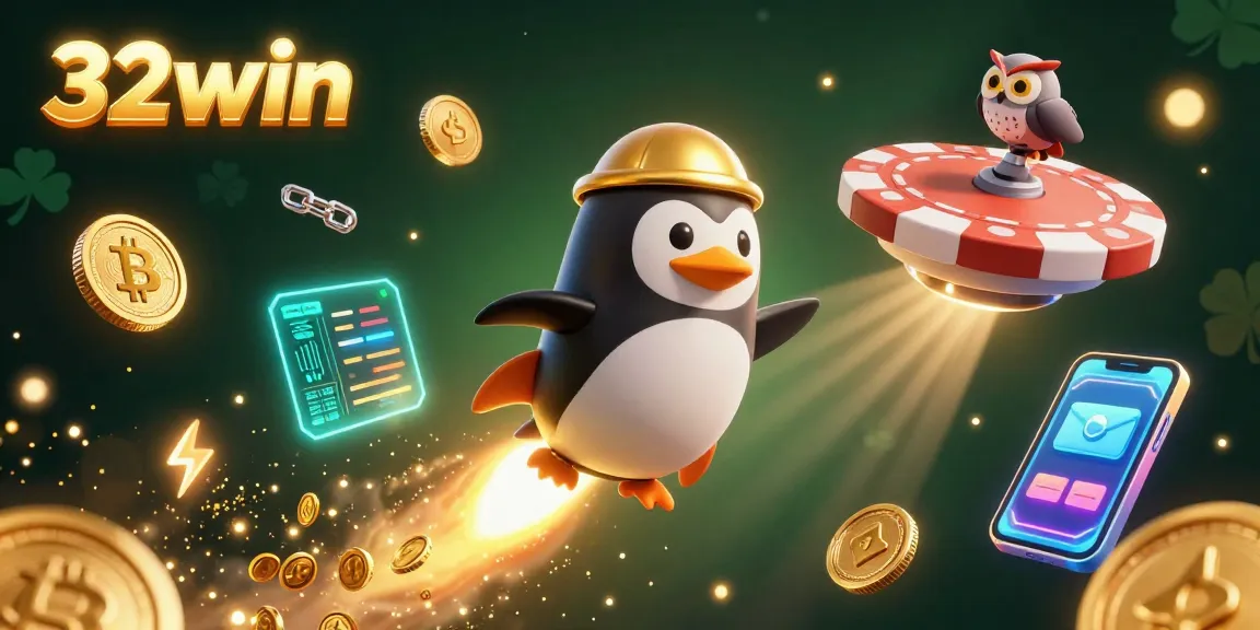 Experience thrilling gaming at 32win with the dynamic 3D casino illustration featuring a golden penguin and crypto elements.