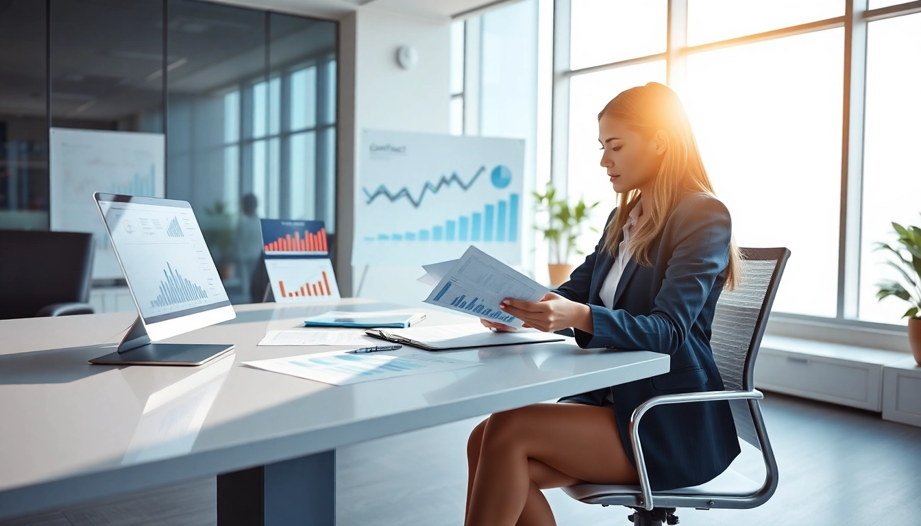 Enhance your contract management skills with a businesswoman reviewing documents in a modern office.