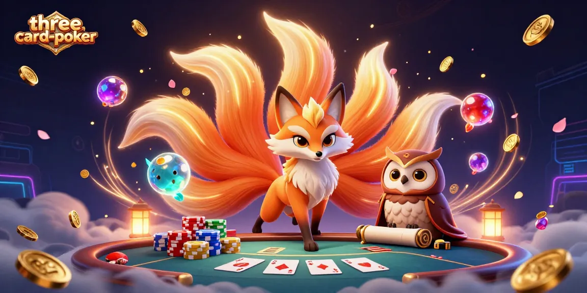 A dynamic three-card-poker scene featuring a mystical nine-tailed fox and wise owl amid vibrant casino elements.