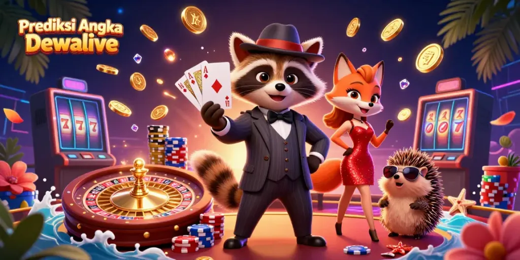 Experience thrill at Prediksi Angka Dewalive with raccoon holding royal flush amidst casino excitement.