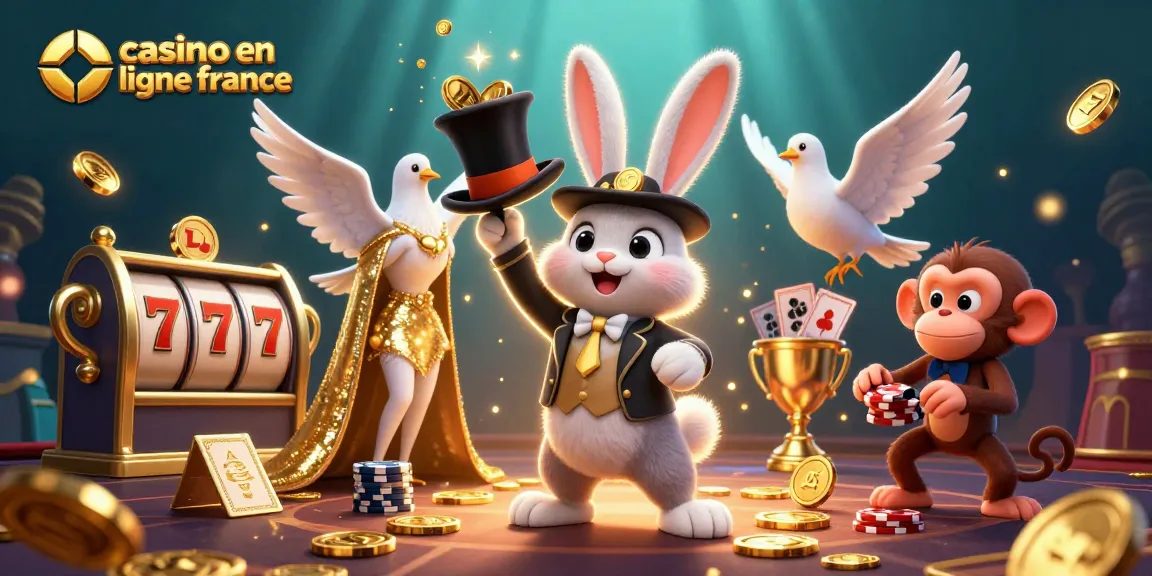 Illustration dynamique du casino en ligne en France avec un lapin magicien, une colombe et un singe, entourés de pièces d'or.