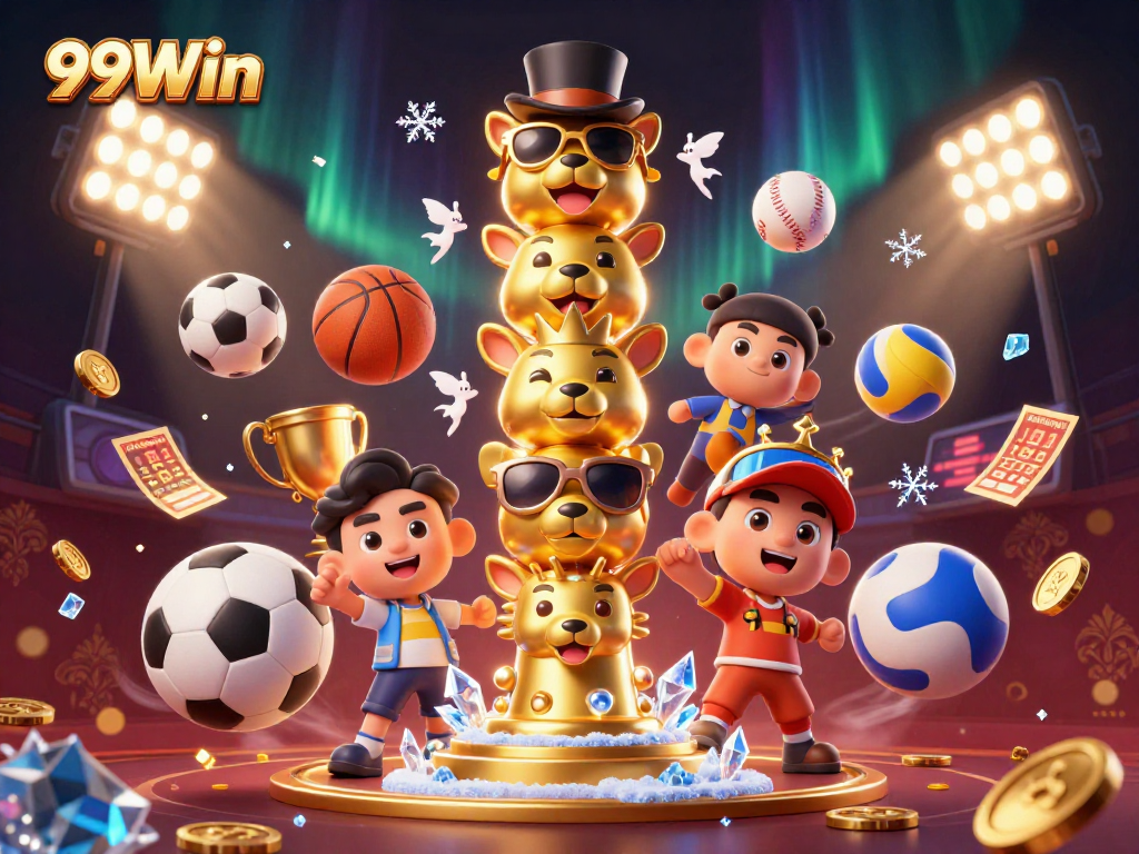 Win big with 99Win in an immersive casino scene featuring vibrant characters and dynamic game elements.