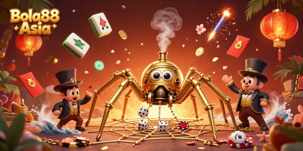 Bola88 Asia showcases a vibrant 3D illustration of a steampunk spider and poker elements in an animated casino scene.
