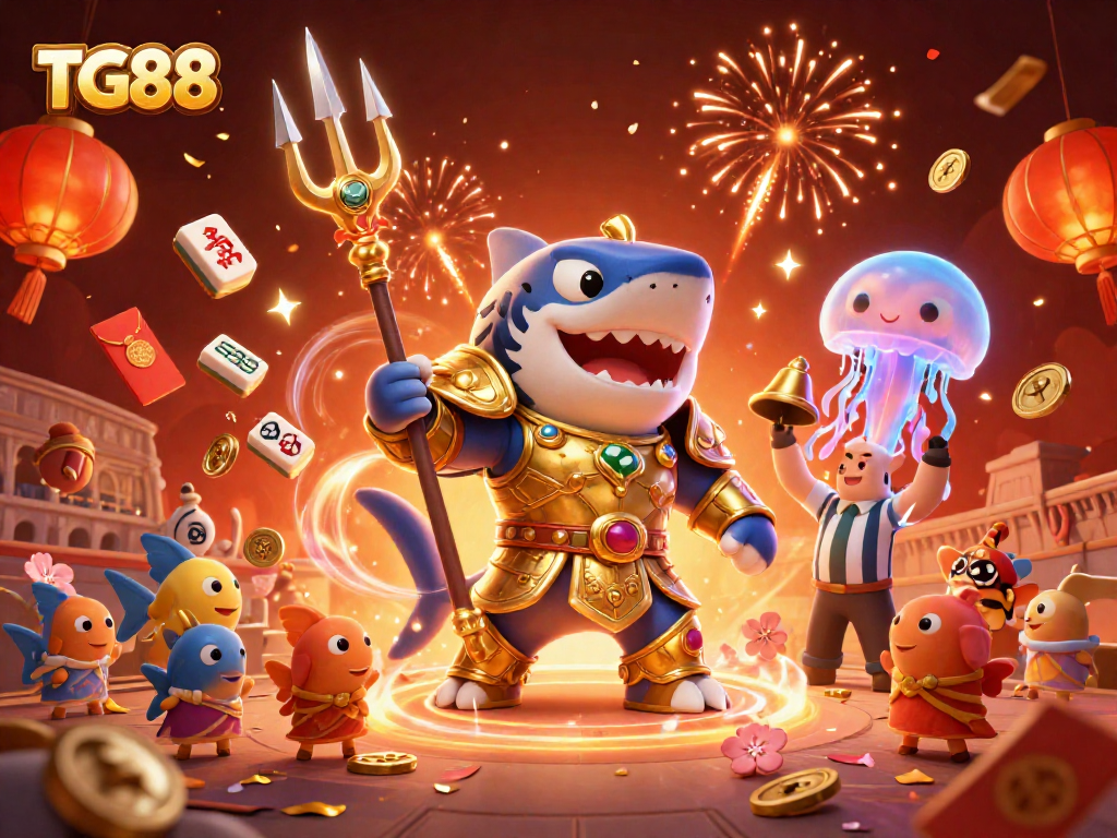 Engage in the thrilling underwater colosseum at TG88 featuring a tiger shark gladiator and dynamic casino elements.