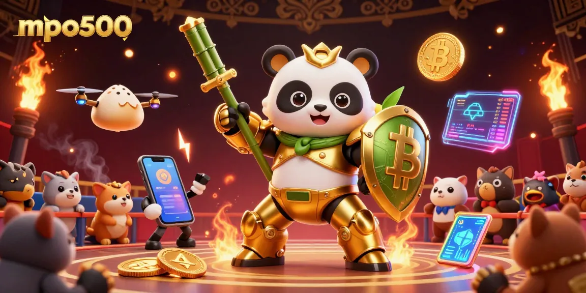 MPO500 offers thrilling gaming excitement with a dynamic golden panda fighting robot in a lively 3D arena.