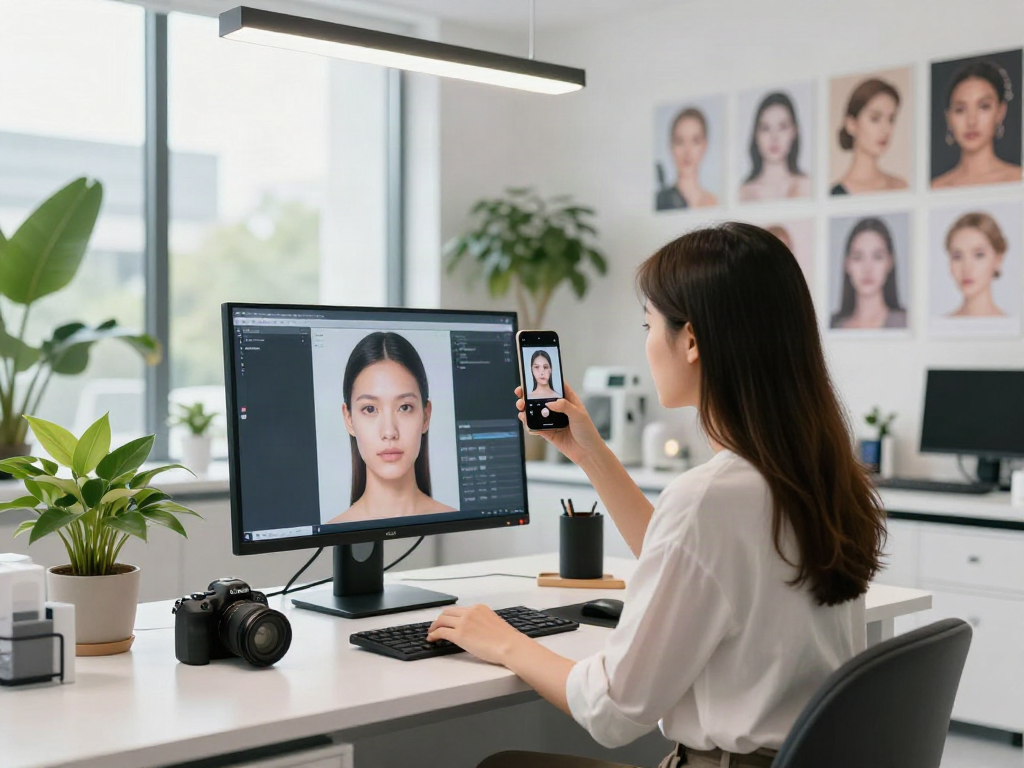 Test attractiveness with advanced AI beauty analysis tools on a modern workstation.