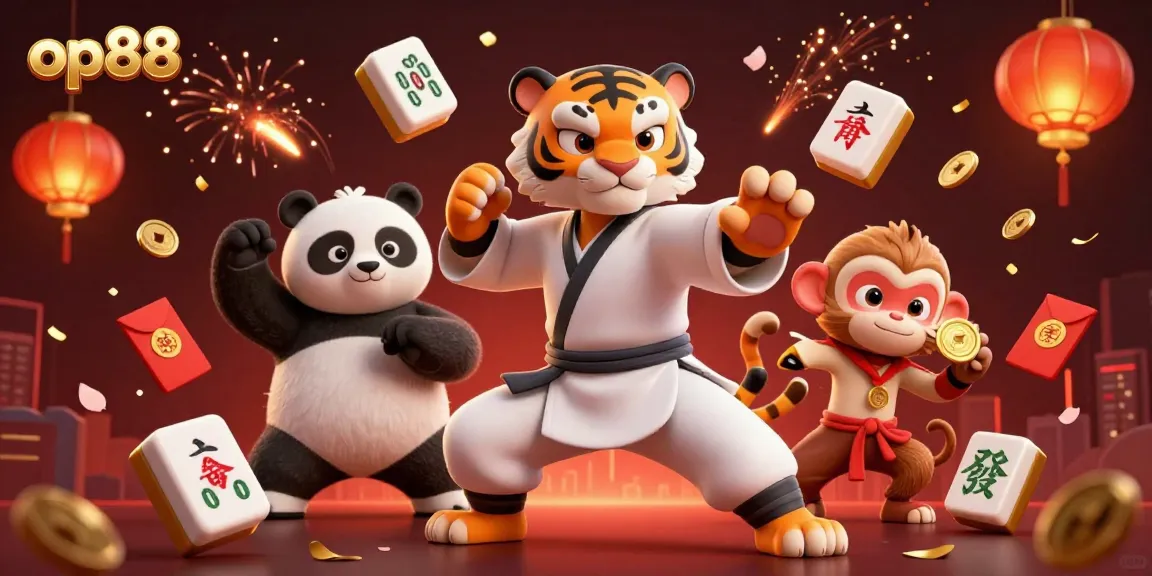 Engage with op88's vibrant casino scene featuring a kung fu tiger master, panda disciple, and a mischievous monkey.
