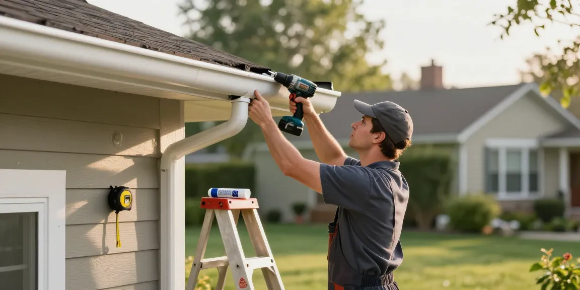 Spokane gutter installation in residential home with technician at work.