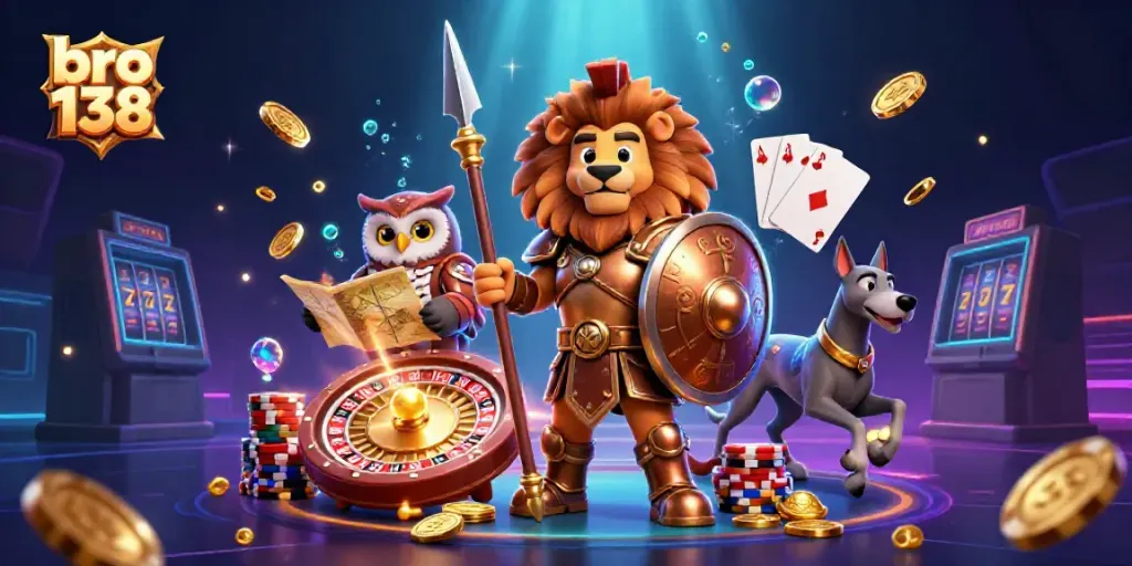 Engage in thrilling gameplay with bro 138, a captivating 3D casino illustration featuring iconic characters and game elements.