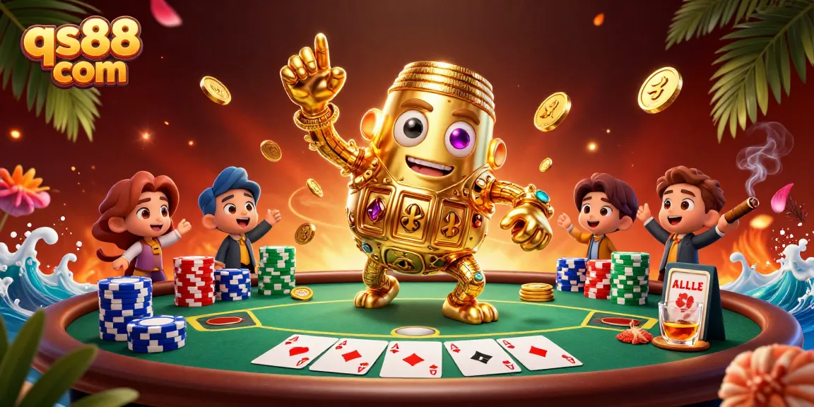 Engage with exciting gameplay at qs88 com featuring a dynamic golden golem and vibrant poker elements.