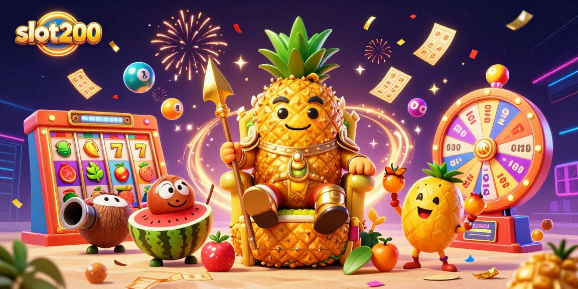 Slot200 menghadirkan keberuntungan dengan simbol slot dan raja nanas emas dalam suasana kasino