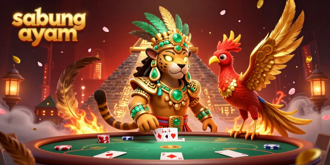 Sabung ayam arena displaying an epic cockfighting scene with fiery elements, vibrant colors, and dynamic characters.