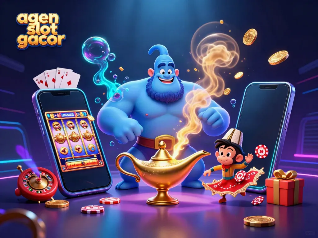 Engage in thrilling gaming action with agen slot gacor, featuring a genie, cards, and slot reels.