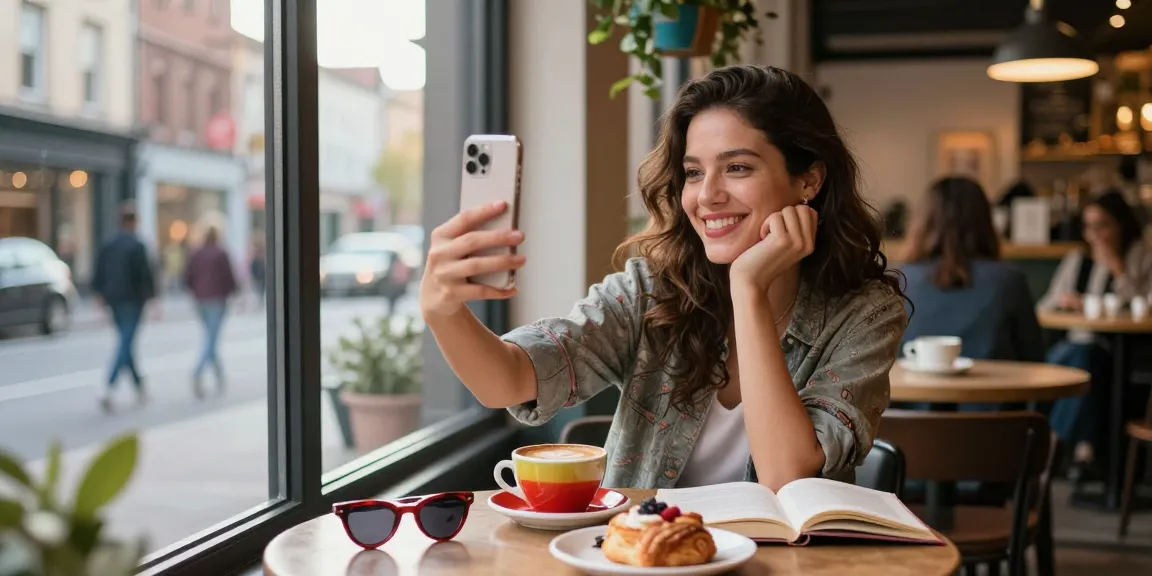Woman taking a selfie to see how old do I look in a trendy café with vibrant decor.
