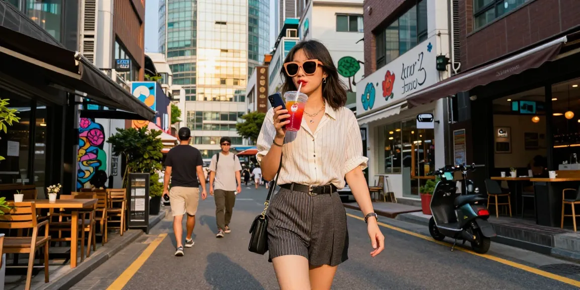 강남 세이렌을 즐기는 세련된 젊은 여성이 카페 근처에서 걷고 있는 모습.