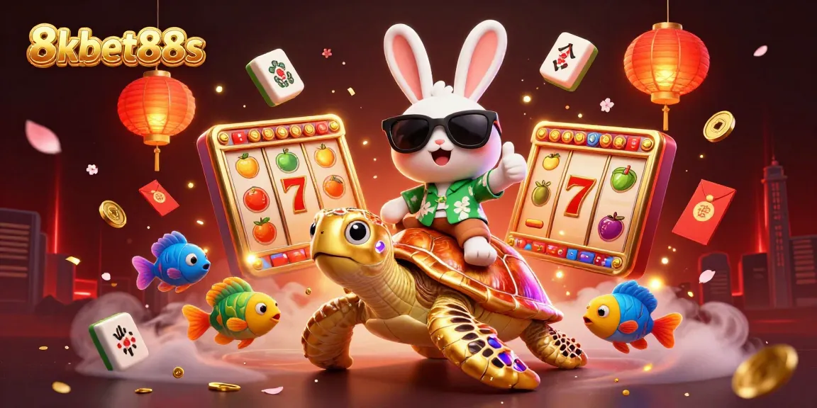Winning big at 8kbet88s with a lucky rabbit and golden turtle in a vibrant casino scene.