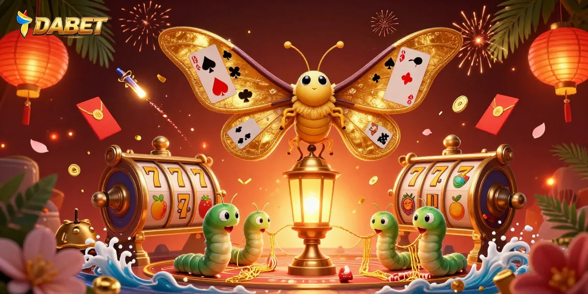 DABET captivatingly illustrates an enchanting casino scene with a magical moth and vibrant slot elements.