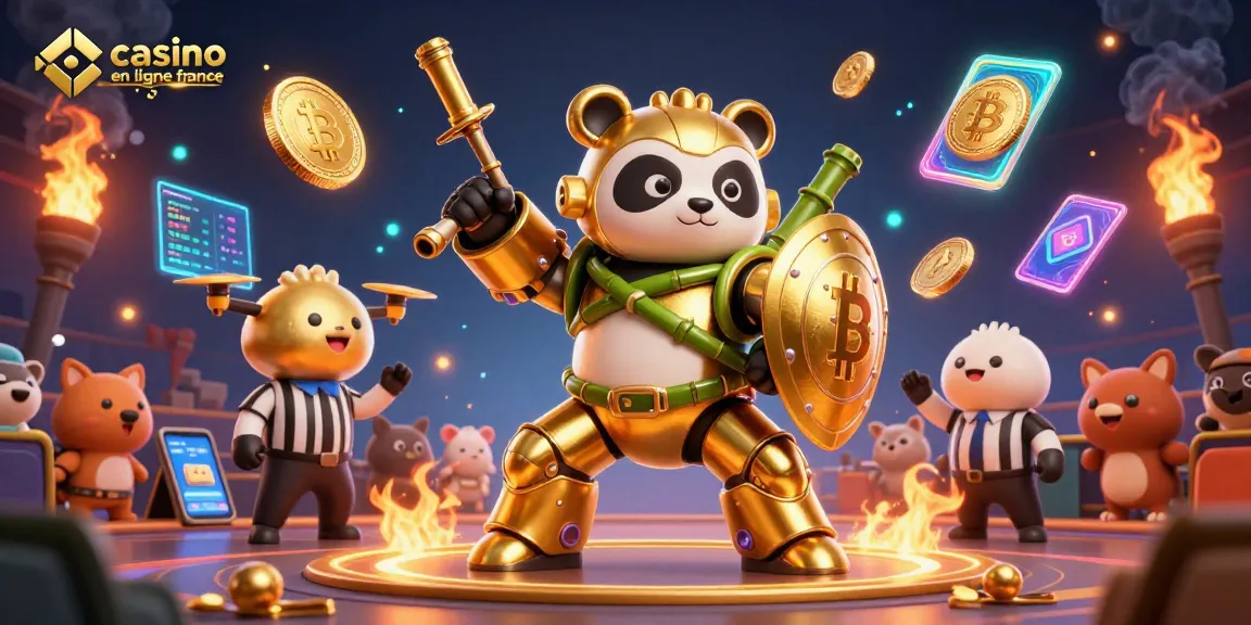 Illustration dynamique de casino en ligne France avec un panda en armure dorée et des éléments de jeux vidéo
