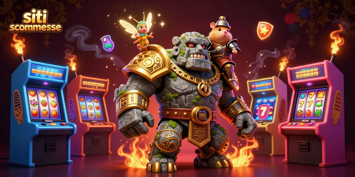 Giocare su siti scommesse con l'antico golem e i simboli delle slot in un'illustrazione 3D vivace.
