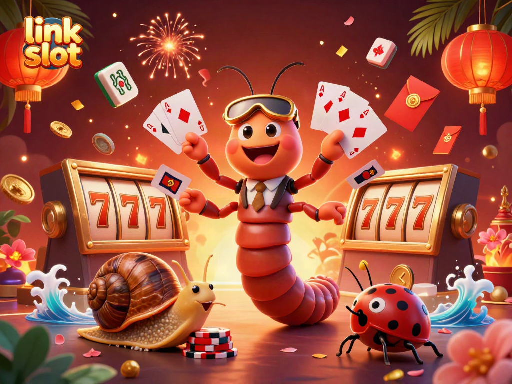 Experience the excitement of link slot with colorful characters and casino elements in a unique 3D scene.