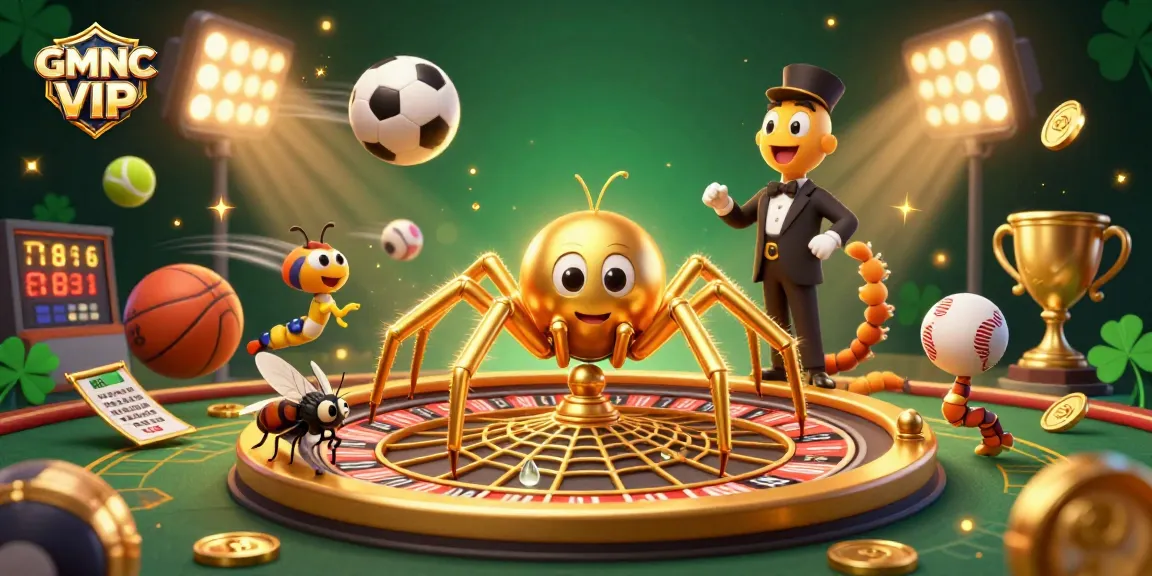 Place bets at GMNC VIP as the golden spider spins a roulette wheel web in this vibrant casino scene.
