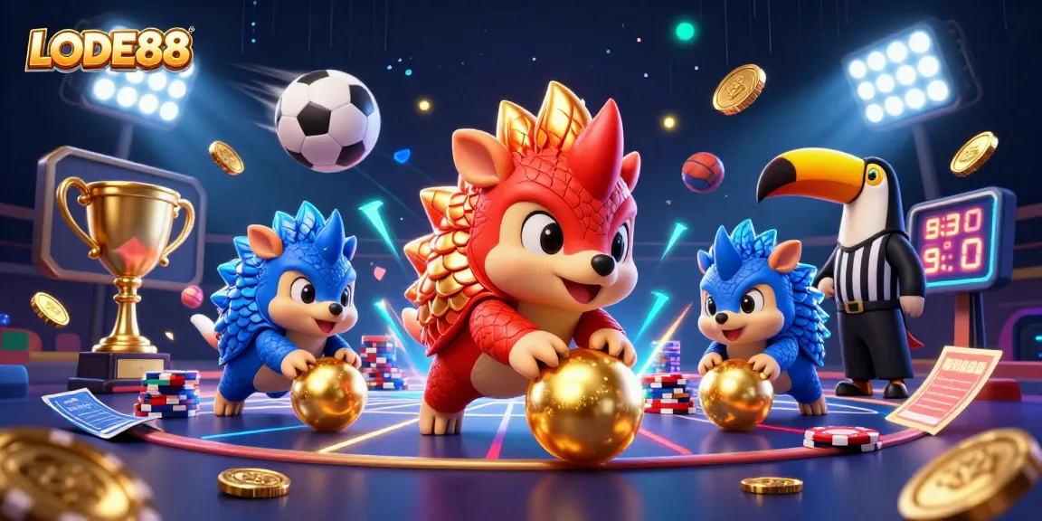 Experience LODE88 with vibrant pangolins and thrilling casino elements in a lively casino scene.