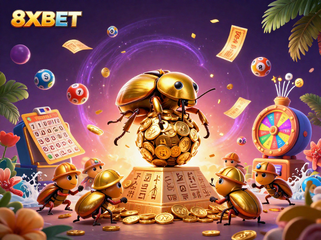 Experience the thrilling action at 8XBET with vibrant lottery balls amidst golden coins and casino excitement.
