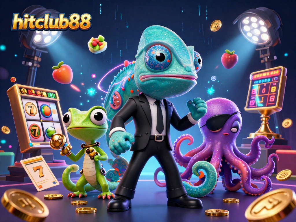 Experience the thrill of hitclub88 with a 3D scene featuring dynamic casino elements and vibrant characters.