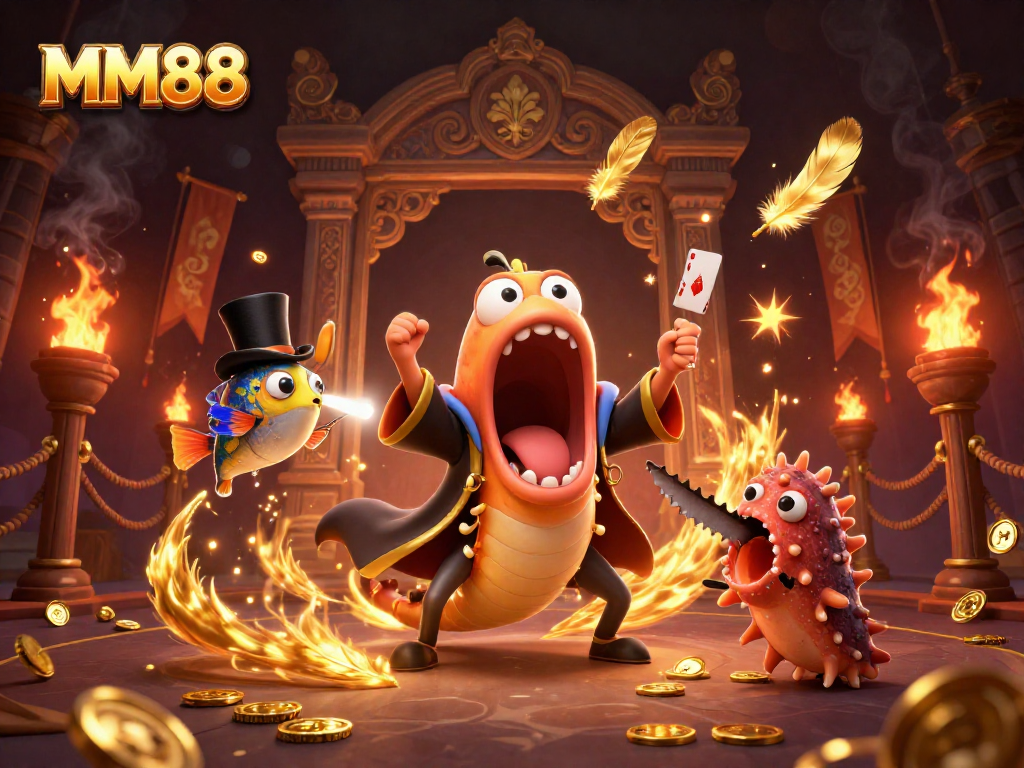 Experience the thrill of MM88 with vibrant characters performing casino magic amidst golden gaming elements.