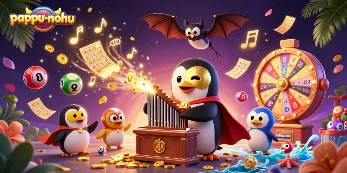 Pappu-nohu features a whimsical scene with a penguin playing a golden organ amidst vibrant casino elements.