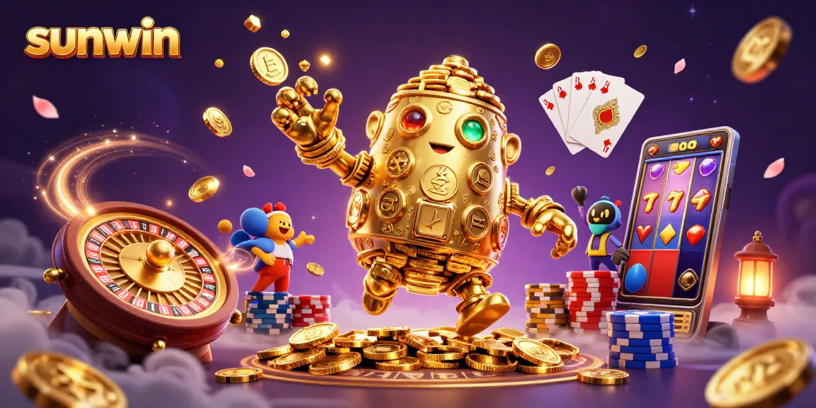 Engage with sunwin's gaming universe featuring an ancient golden golem, coins, and vivid casino elements.
