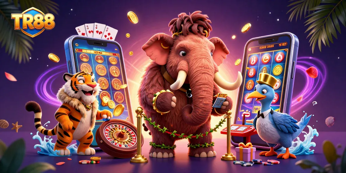 TR88 welcomes players with an exciting scene featuring a woolly mammoth bouncer, saber-tooth guest, and dodo doorman amidst casino elements.