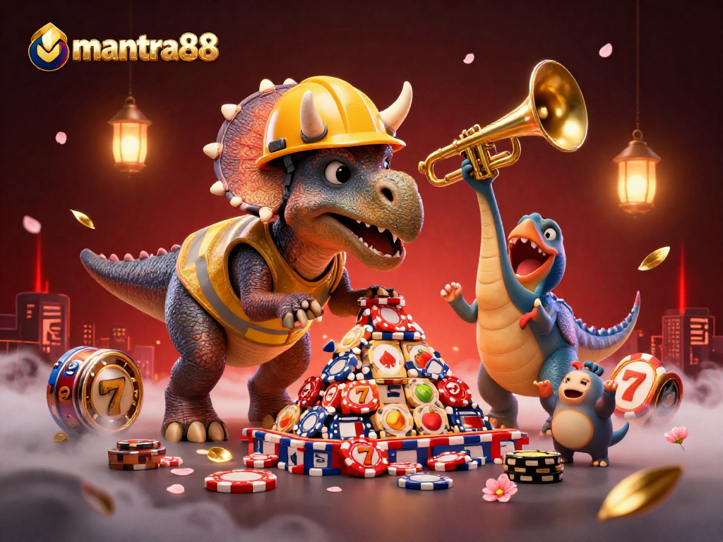 Celebrate winnings with mantra88 and dynamic slots, poker chips, and gaming excitement in a colorful 3D scene.
