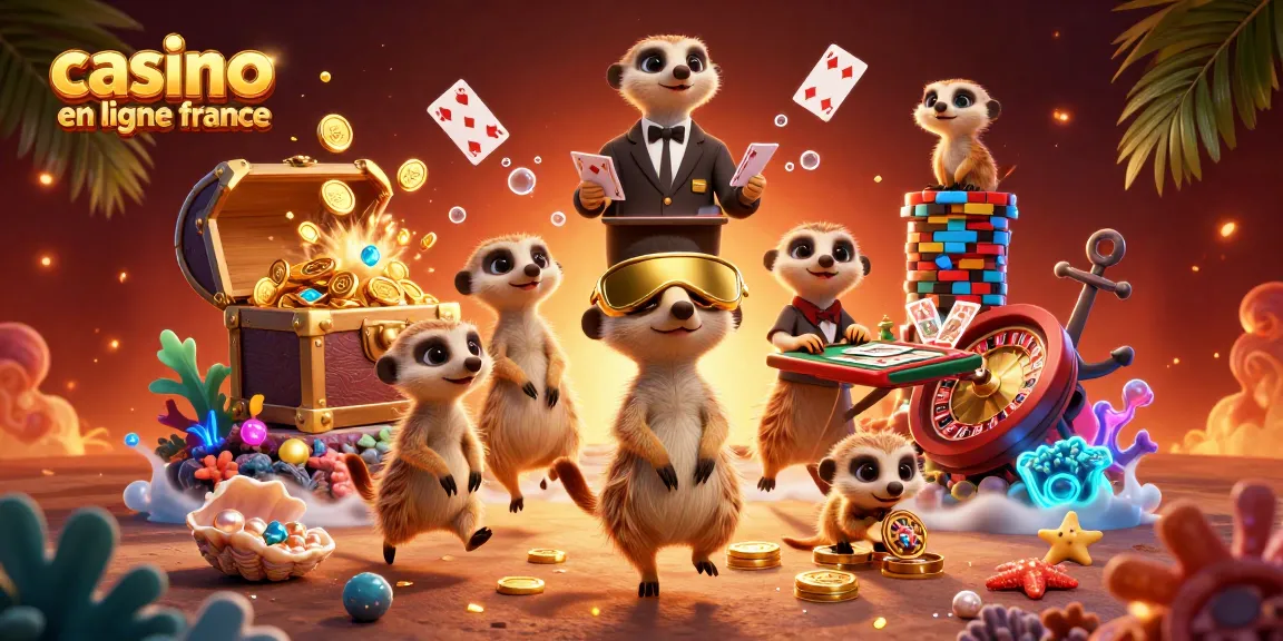 Illustration dynamique sur le thème de casino en ligne France, mettant en scène des suricates dans un casino sous-marin.