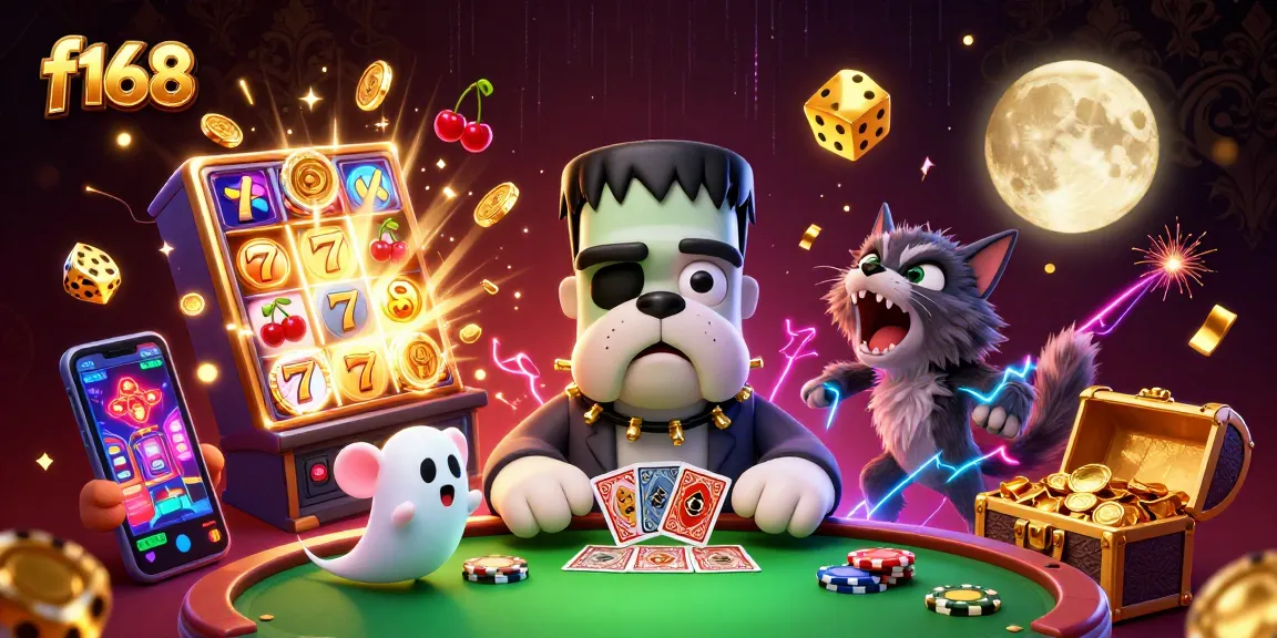 Experience thrilling casino action with f168's dynamic scene featuring lively characters and slot games.