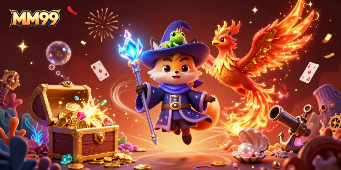 Experience MM99 excitement with a magical scene of gaming treasures and enchanted characters.