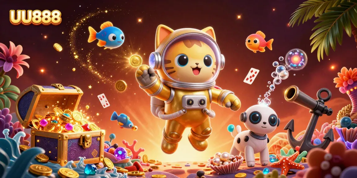 Spin to win with UU888 as a charming astronaut cat explores rich treasures and vibrant game elements.