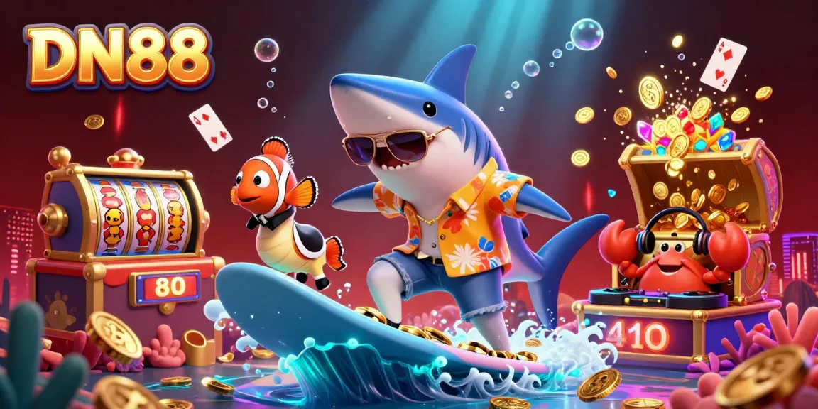 Engage with DN88's thrilling slot experience featuring a hammer-head shark amidst gold coins and vibrant gameplay elements.