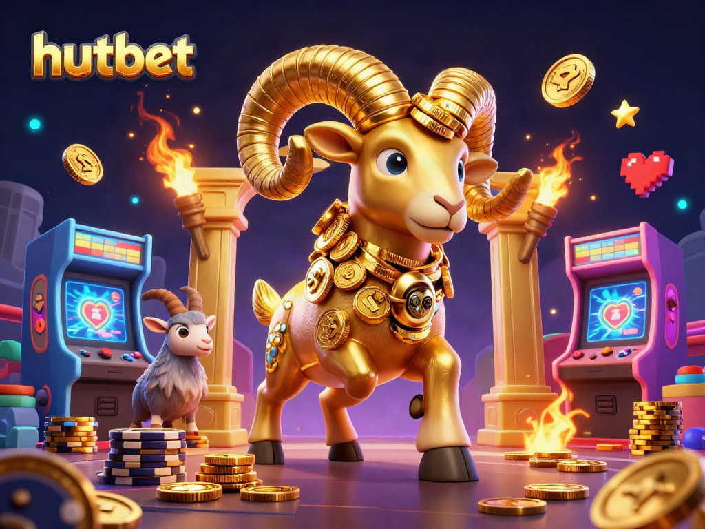 Engage with hutbet's vibrant casino scene featuring a golden ram and dynamic gaming elements.