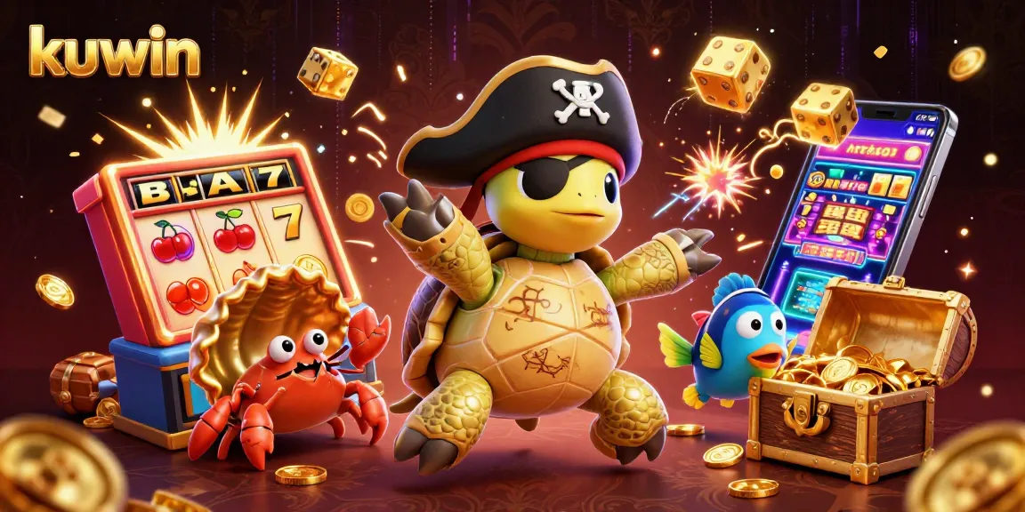 Kuwin casino showcases a turtle pirate, crab, and parrotfish celebrating above treasure amid a thrilling slot explosion.
