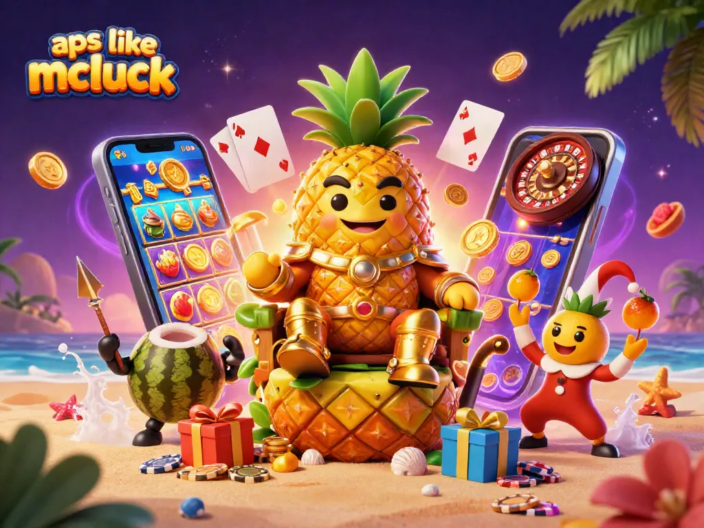 Engage with apps like mcluck offering thrilling slot games and riches, depicted in vibrant 3D art.