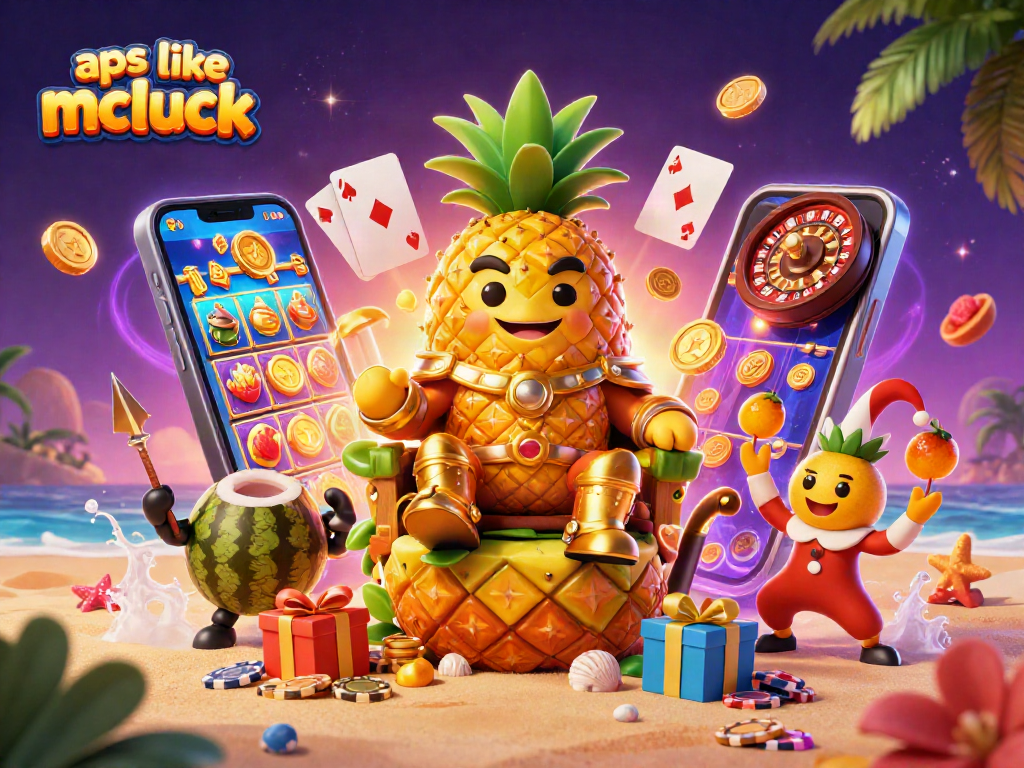 Engage with apps like mcluck offering thrilling slot games and riches, depicted in vibrant 3D art.