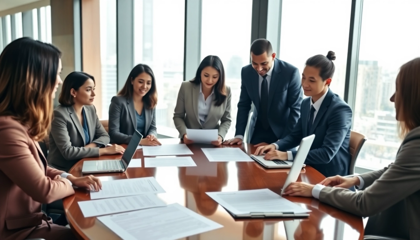 Team collaborating on Contract Management documents in a bright, professional office environment.