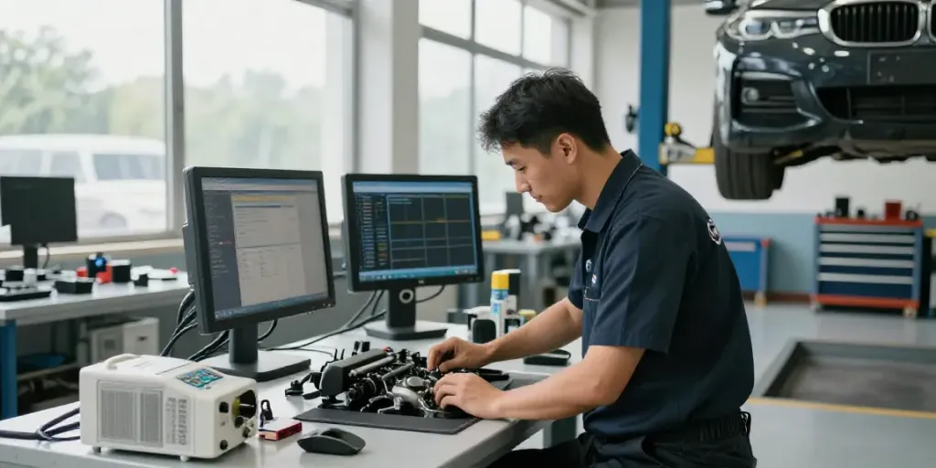 Expert in a BMW werkstatt hannover performing engine diagnostics in a bright workshop.
