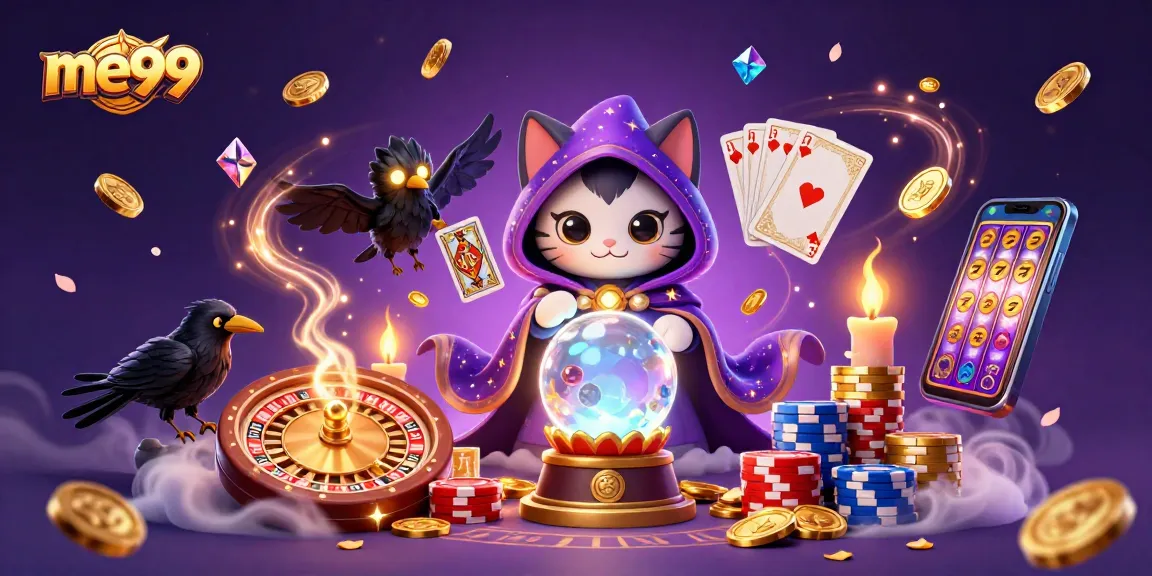 Experience the magic of me99 casino with a vibrant illustration of gaming excitement, slots, and fortune.