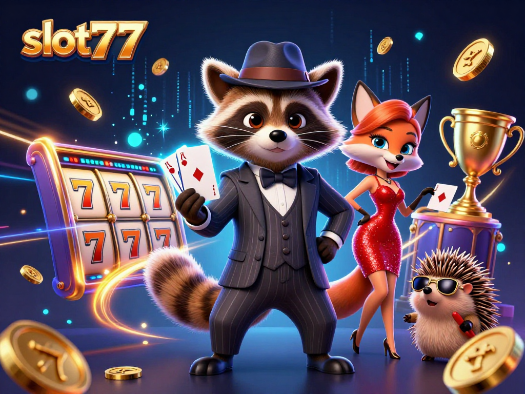 Experience high excitement at slot777 with our charming raccoon and fox duo in a vibrant casino scene.