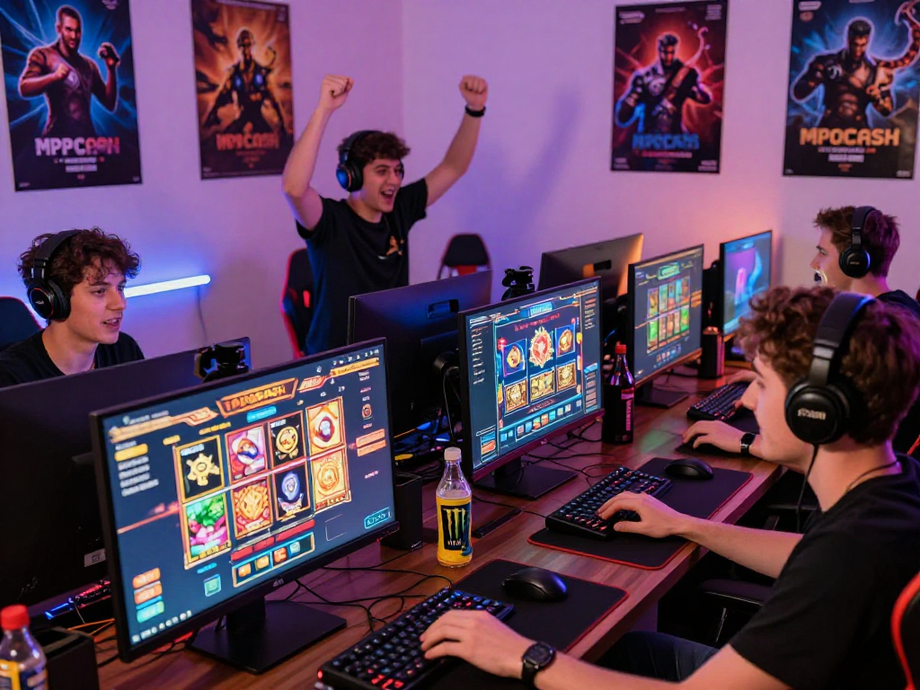 Engaged players joyfully gaming online via MPOCASH, vibrant atmosphere during intense gameplay.