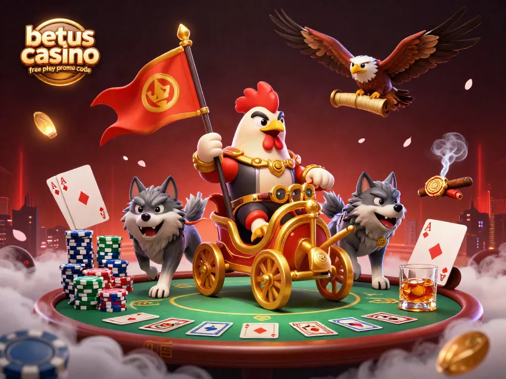 Unlock winning opportunities with betus casino free play promo code; vibrant 3D scene of a rooster warlord in a casino setting.