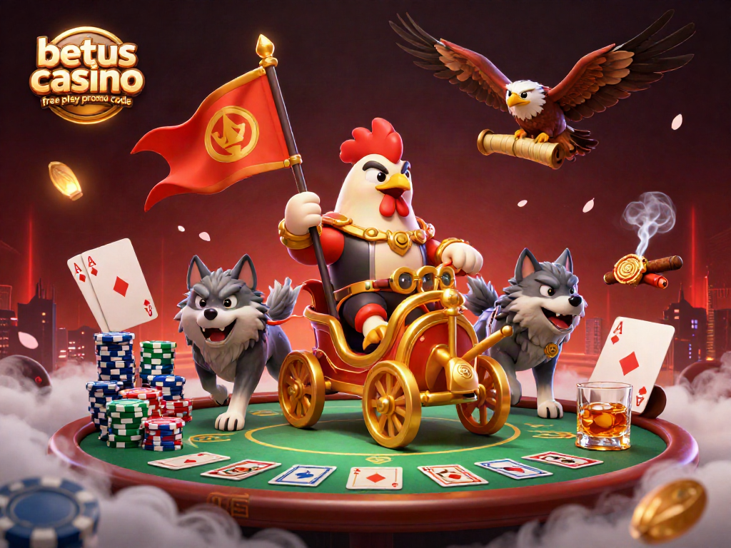 Unlock winning opportunities with betus casino free play promo code; vibrant 3D scene of a rooster warlord in a casino setting.