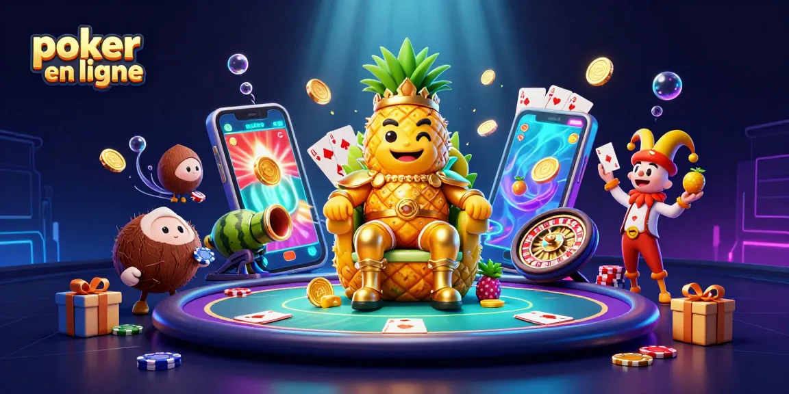 Jouez au poker en ligne avec le roi ananas et ses gardes sur une table de poker animée.